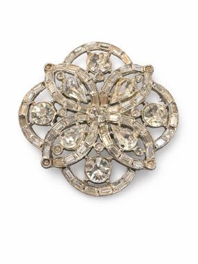 Vintage Rhinestone Brooch Silver Tone Clear Crystal Floral Filigree Pin